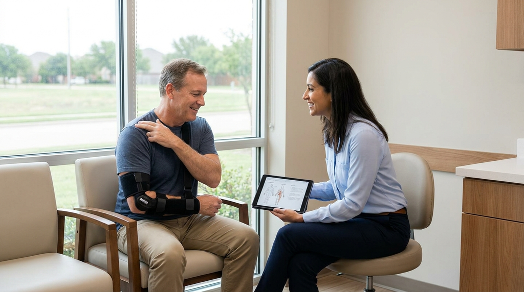 Healthcare provider evaluating a patient’s symptoms after a vehicle accident at an injury clinic