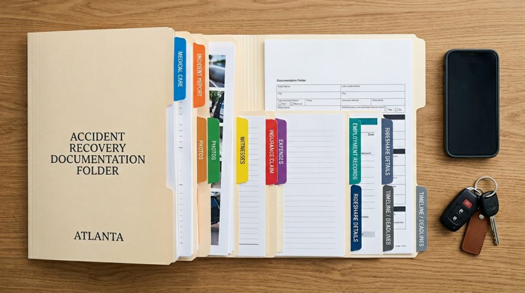 Atlanta accident recovery folder with medical insurance rideshare and deadline tabs