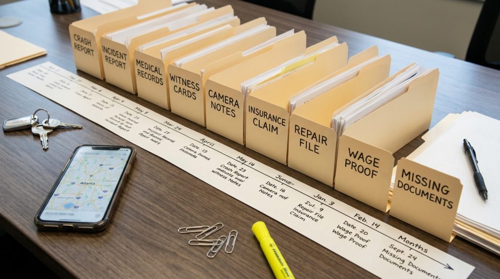 Atlanta personal injury case records runway with crash report incident report medical records witness cards camera notes insurance claim and repair file