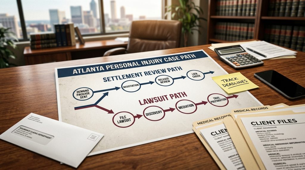 Atlanta personal injury settlement and lawsuit fork with demand package negotiation release review lien check discovery mediation and trial preparation markers