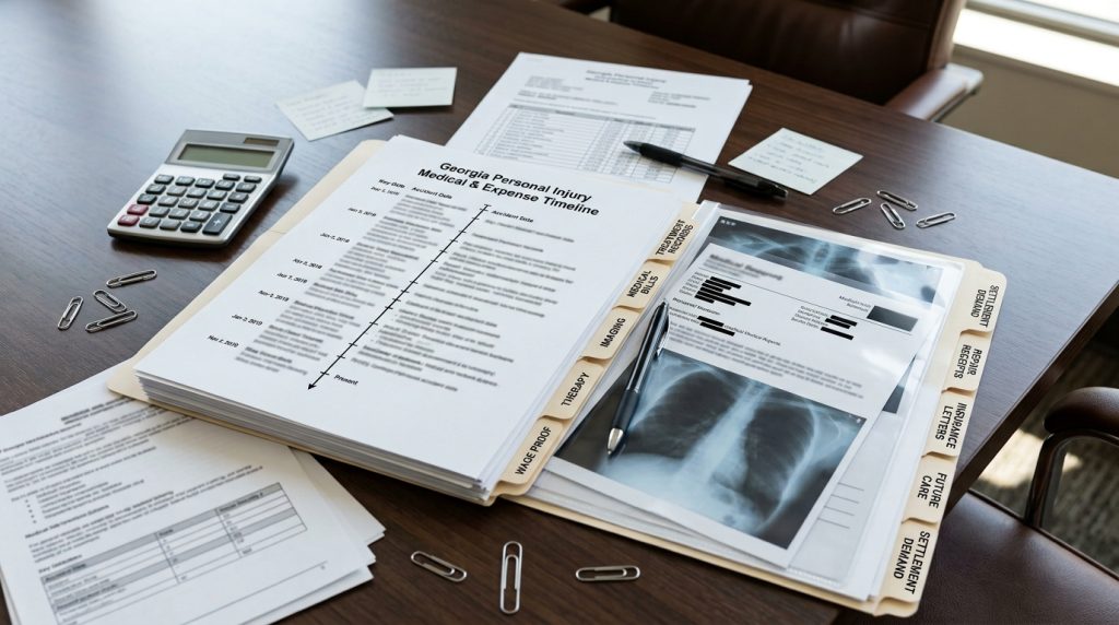 Georgia personal injury medical and expense timeline with treatment records bills imaging therapy wage proof repair receipts insurance letters and future care notes