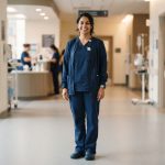 Female healthcare professional wearing a polished professional scrub top