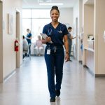 Female healthcare professional wearing regular length scrub pants in a clinic hallway