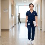 Petite healthcare worker wearing properly fitted scrub pants