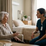 Nursing home resident discussing safety and abuse prevention concerns with a healthcare professional