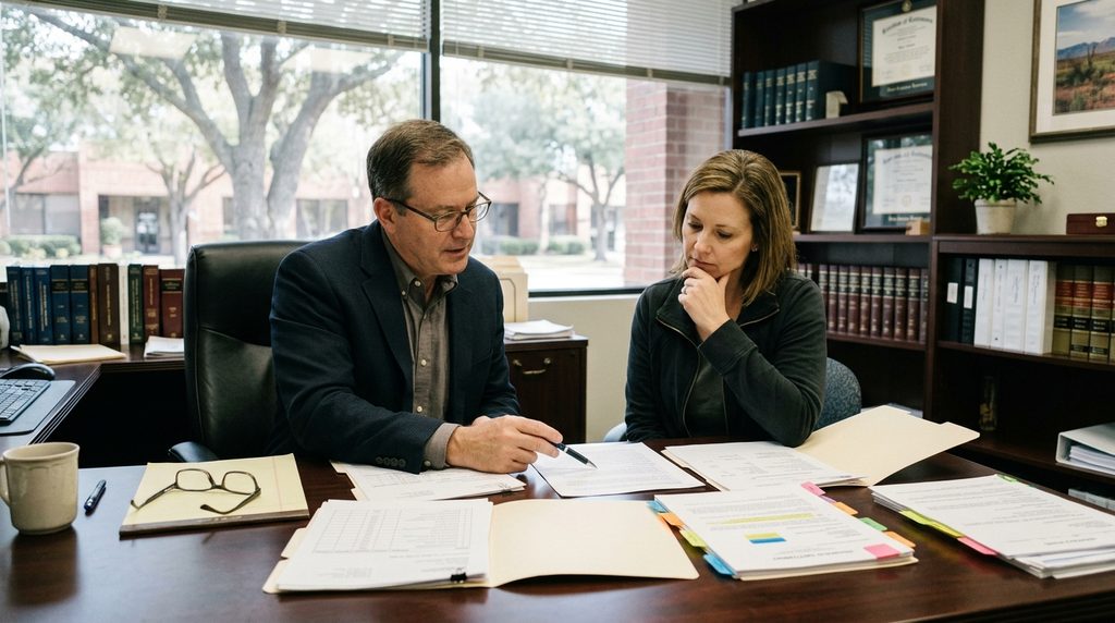 Garland injury claim consultation showing medical records, treatment bills, and an insurance settlement offer being reviewed