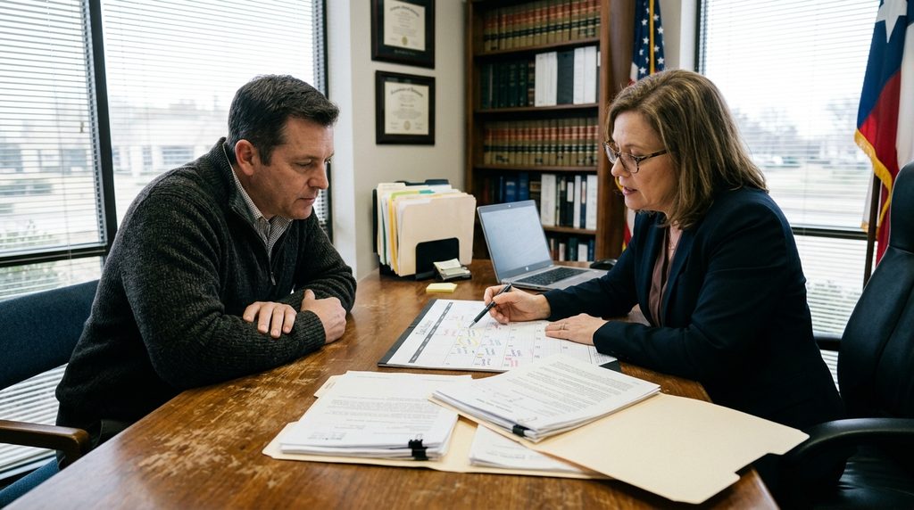 Garland injury claim review showing a calendar, settlement documents, and legal paperwork being checked before a settlement decision