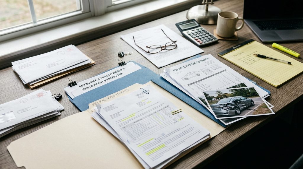 Personal injury claim documentation showing medical bills, wage records, vehicle repair estimates, and insurance correspondence organized for review