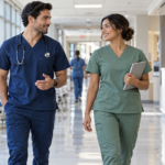 Healthcare professionals wearing practical scrubs with functional pockets