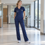 Tall female healthcare professional wearing properly fitted scrub pants